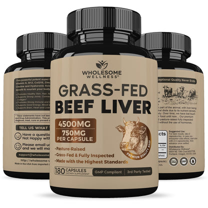 Wholesome Wellness Grass Fed Desiccated Beef Liver Capsules (180 Pills, 750mg Each) - Natural Iron, Vitamin A, B12 for Energy - Raised Undefatted in New Zealand - Maple Wellness Supplements