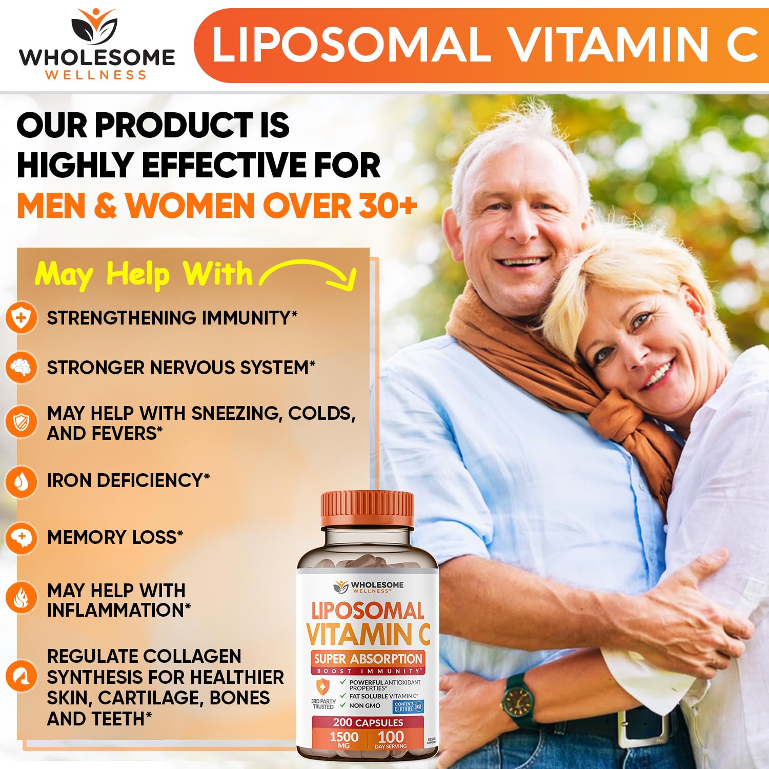 Wholesome Wellness Liposomal Vitamin C Capsules (200 Pills 1500mg Buffered) High Absorption, Immune System & Collagen Booster, High Dose Fat Soluble Immunity - Maple Wellness Supplements