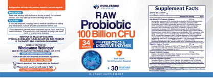 Wholesome Wellness Organic Raw Probiotics 100 Billion CFU, Dr Formulated for Women and Men, Complete Adult Supplement with Prebiotics - Maple Wellness Supplements