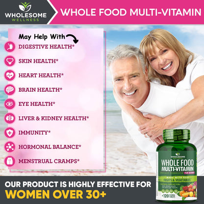 Wholesome Wellness Whole Food Multivitamin for Women - Natural Multi Vitamins, Minerals, Organic Extracts - 120 Tablets - Maple Wellness Supplements