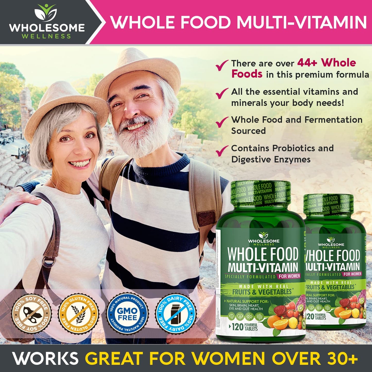 Wholesome Wellness Whole Food Multivitamin for Women - Natural Multi Vitamins, Minerals, Organic Extracts - 120 Tablets - Maple Wellness Supplements