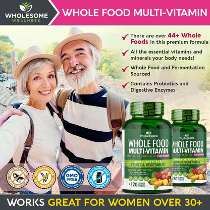 Wholesome Wellness Whole Food Multivitamin for Women - Natural Multi Vitamins, Minerals, Organic Extracts - 120 Tablets - Maple Wellness Supplements