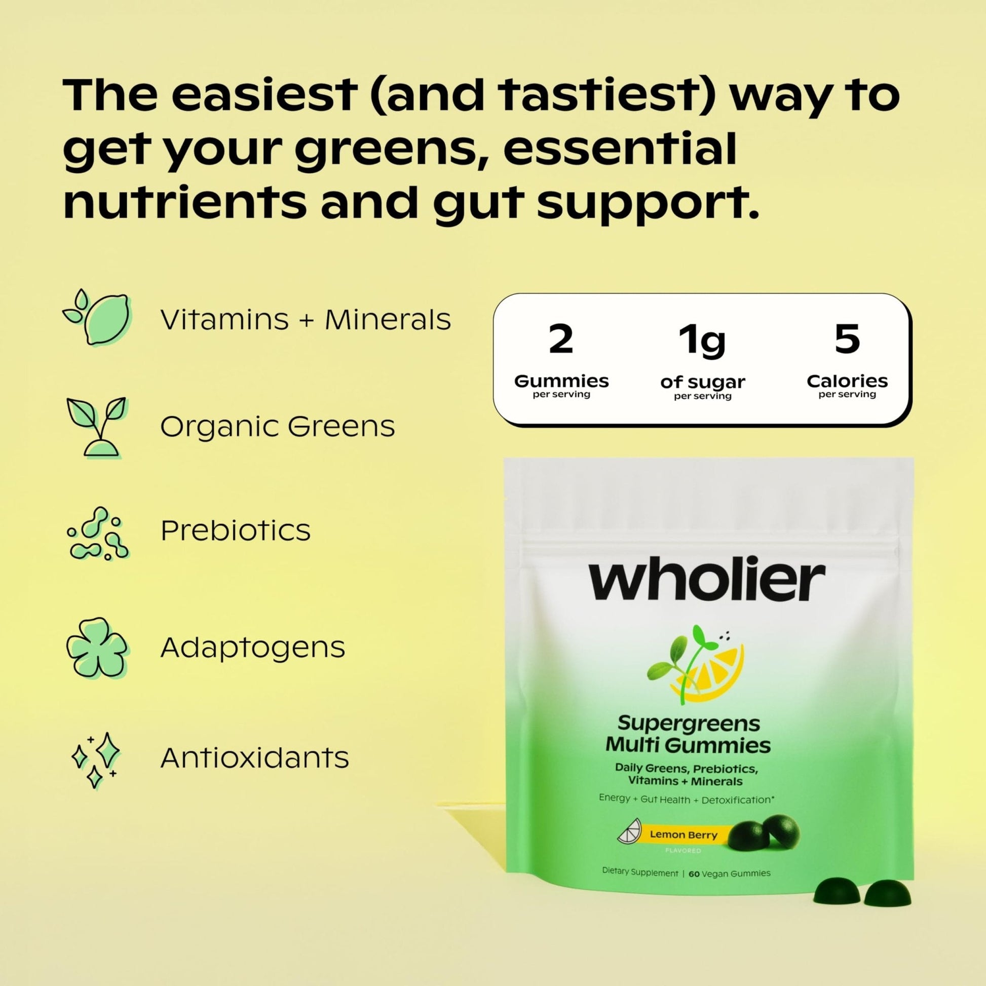 wholier Daily Supergreens Gummies, Greens Supplement with Prebiotics, Fiber, Adaptogens, Vegan Multivitamin, 9 Essential Vitamins + Minerals, 1g Sugar, 2 Gummy Serving (60 Gummies, 30 Day Supply) - Maple Wellness Supplements
