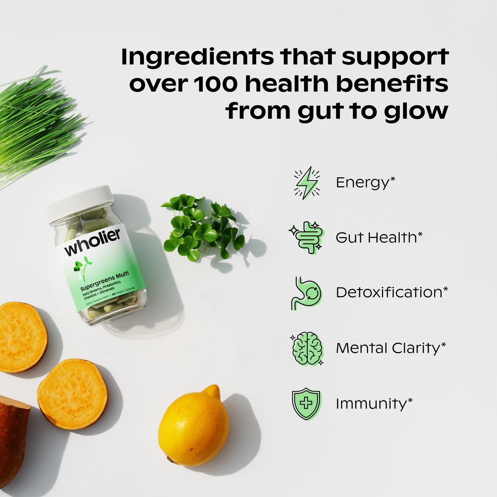 wholier Supergreens Multi, Daily Greens, Vegan Multivitamin for Women + Men, Whole Food Vitamins + Minerals, Prebiotics for Gut Health, Adaptogens (60 Vegan Capsules) Glass Bottle - Maple Wellness Supplements