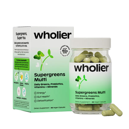 wholier Supergreens Multi, Daily Greens, Vegan Multivitamin for Women + Men, Whole Food Vitamins + Minerals, Prebiotics for Gut Health, Adaptogens (60 Vegan Capsules) Glass Bottle - Maple Wellness Supplements
