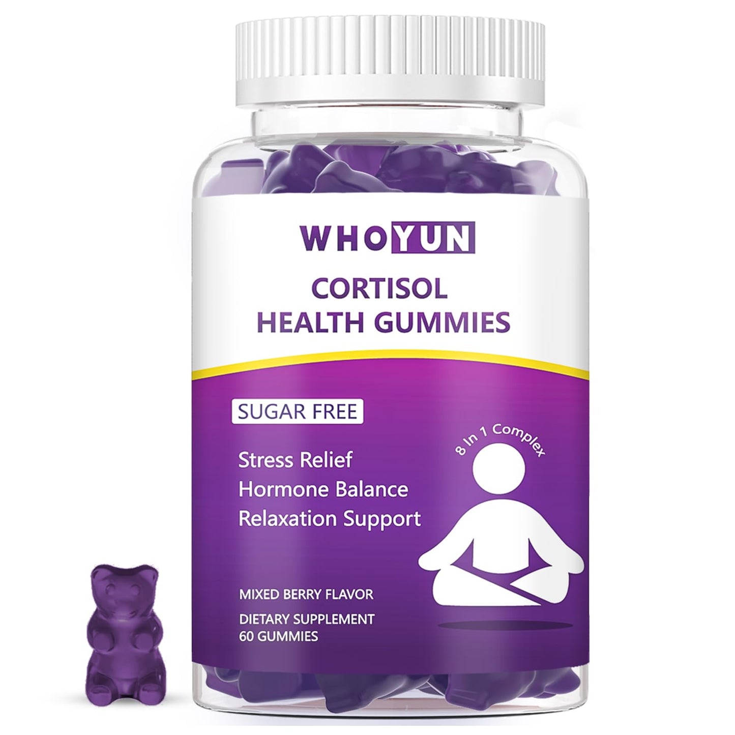Whoyun Cortisol Supplement Gummies for Women, Lower Cortisol with Phosphatidylserine Ashwagandha Magnesium, Stress Relief, Vegan Sugar Free, 60 Count - Maple Wellness Supplements