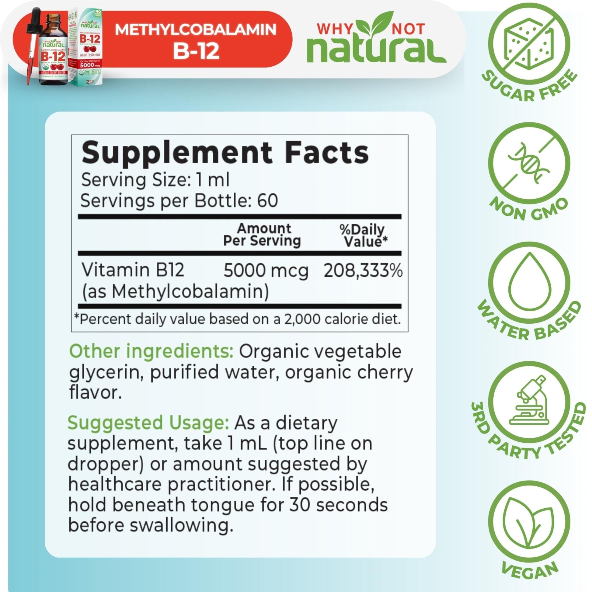 Why Not Natural Organic Vitamin B12 Liquid - Sublingual Extra Strength 60 x 5000 mcg Methylcobalamin Drops, Vegan, - Maple Wellness Supplements