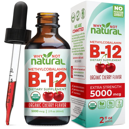 Why Not Natural Organic Vitamin B12 Liquid - Sublingual Extra Strength 60 x 5000 mcg Methylcobalamin Drops, Vegan, - Maple Wellness Supplements