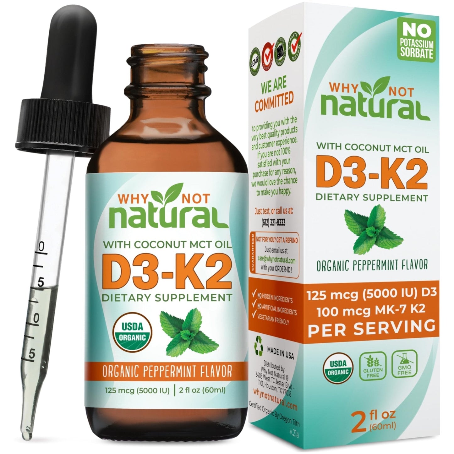 Why Not Natural Organic Vitamin D3 K2 (MK-7) Liquid Drops, 5000 IU of sublingual D3 with Coconut MCT Oil - Maple Wellness Supplements