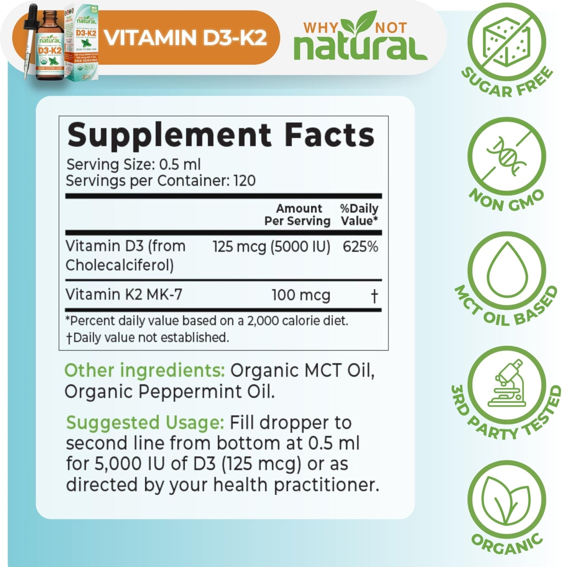 Why Not Natural Organic Vitamin D3 K2 (MK-7) Liquid Drops, 5000 IU of sublingual D3 with Coconut MCT Oil - Maple Wellness Supplements