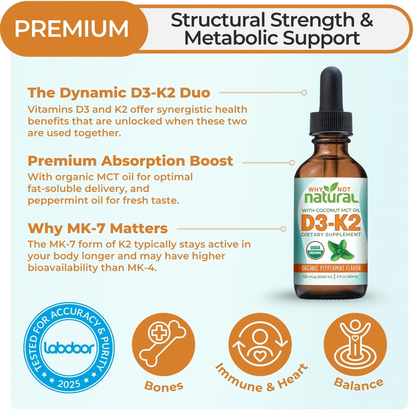 Why Not Natural Organic Vitamin D3 K2 (MK-7) Liquid Drops, 5000 IU of sublingual D3 with Coconut MCT Oil - Maple Wellness Supplements