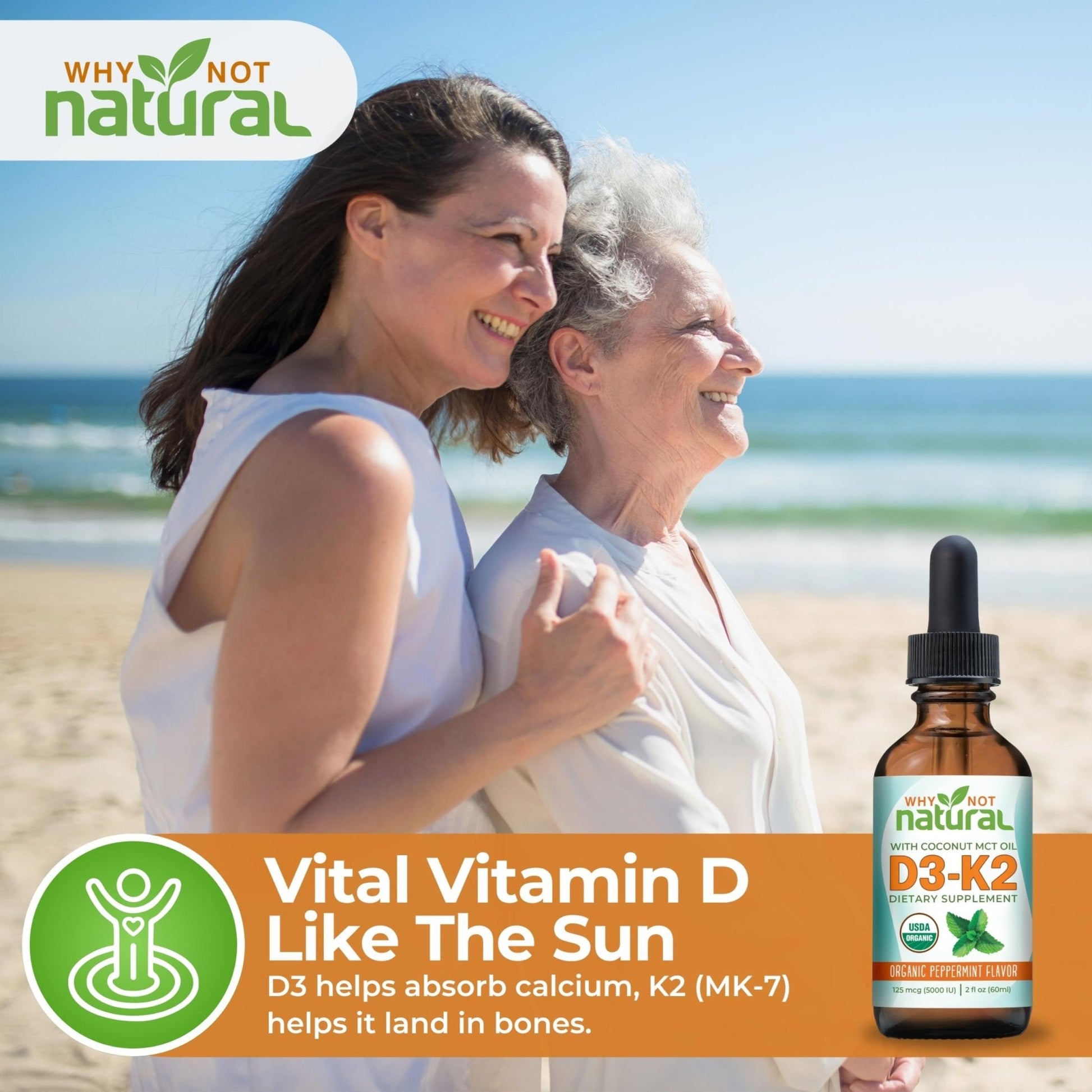 Why Not Natural Organic Vitamin D3 K2 (MK-7) Liquid Drops, 5000 IU of sublingual D3 with Coconut MCT Oil - Maple Wellness Supplements