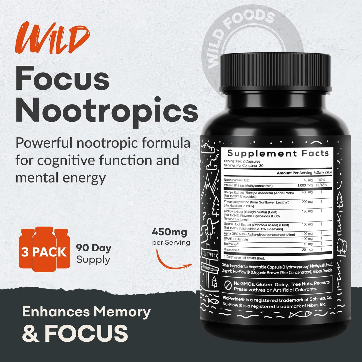 Wild Focus Brain Supplements | Caffeine-Free, Plant-Based Botanicals | Lions Mane, Ginkgo Biloba, Bacopa Monnieri, Lemon Balm | 100% Natural Nootropic | 60 caps - Maple Wellness Supplements