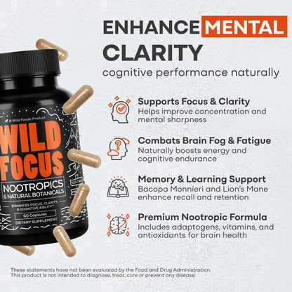 Wild Focus Brain Supplements | Caffeine-Free, Plant-Based Botanicals | Lions Mane, Ginkgo Biloba, Bacopa Monnieri, Lemon Balm | 100% Natural Nootropic | 60 caps - Maple Wellness Supplements