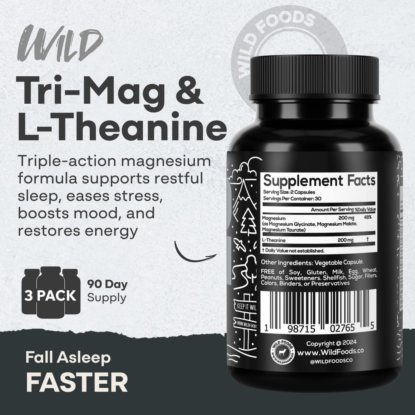 Wild Foods Tri-Mag & L-Theanine – Triple Magnesium Complex for Sleep w/L Theanine – Magnesium Glycinate, Malate, Taurate – 100% Natural – 60 Capsules - Maple Wellness Supplements