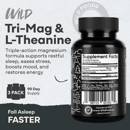 Wild Foods Tri-Mag & L-Theanine – Triple Magnesium Complex for Sleep w/L Theanine – Magnesium Glycinate, Malate, Taurate – 100% Natural – 60 Capsules - Maple Wellness Supplements