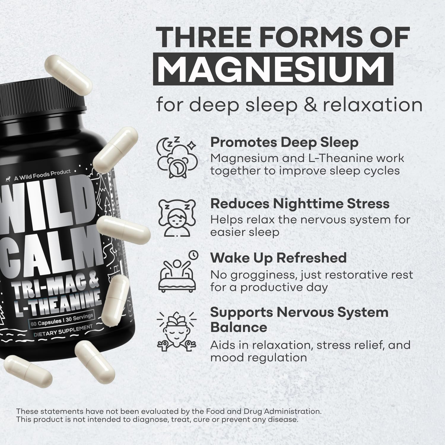Wild Foods Tri-Mag & L-Theanine – Triple Magnesium Complex for Sleep w/L Theanine – Magnesium Glycinate, Malate, Taurate – 100% Natural – 60 Capsules - Maple Wellness Supplements