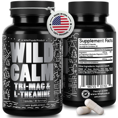 Wild Foods Tri-Mag & L-Theanine – Triple Magnesium Complex for Sleep w/L Theanine – Magnesium Glycinate, Malate, Taurate – 100% Natural – 60 Capsules - Maple Wellness Supplements