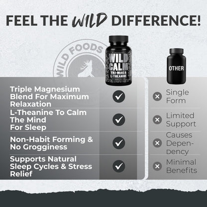 Wild Foods Tri-Mag & L-Theanine – Triple Magnesium Complex for Sleep w/L Theanine – Magnesium Glycinate, Malate, Taurate – 100% Natural – 60 Capsules - Maple Wellness Supplements