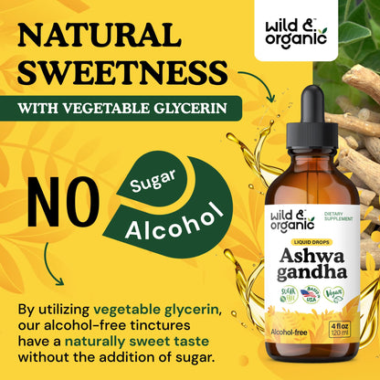 Wild & Organic Ashwagandha Drops - Mood Support & Positive Energy - 500 mg Ashwagandha for Women & Men - Add to Tea Liquid Extract for Relaxation - Non-GMO, Sugar & Alcohol-Free Tincture - 4 fl oz - Maple Wellness Supplements