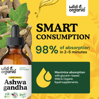 Wild & Organic Ashwagandha Drops - Mood Support & Positive Energy - 500 mg Ashwagandha for Women & Men - Add to Tea Liquid Extract for Relaxation - Non-GMO, Sugar & Alcohol-Free Tincture - 4 fl oz - Maple Wellness Supplements
