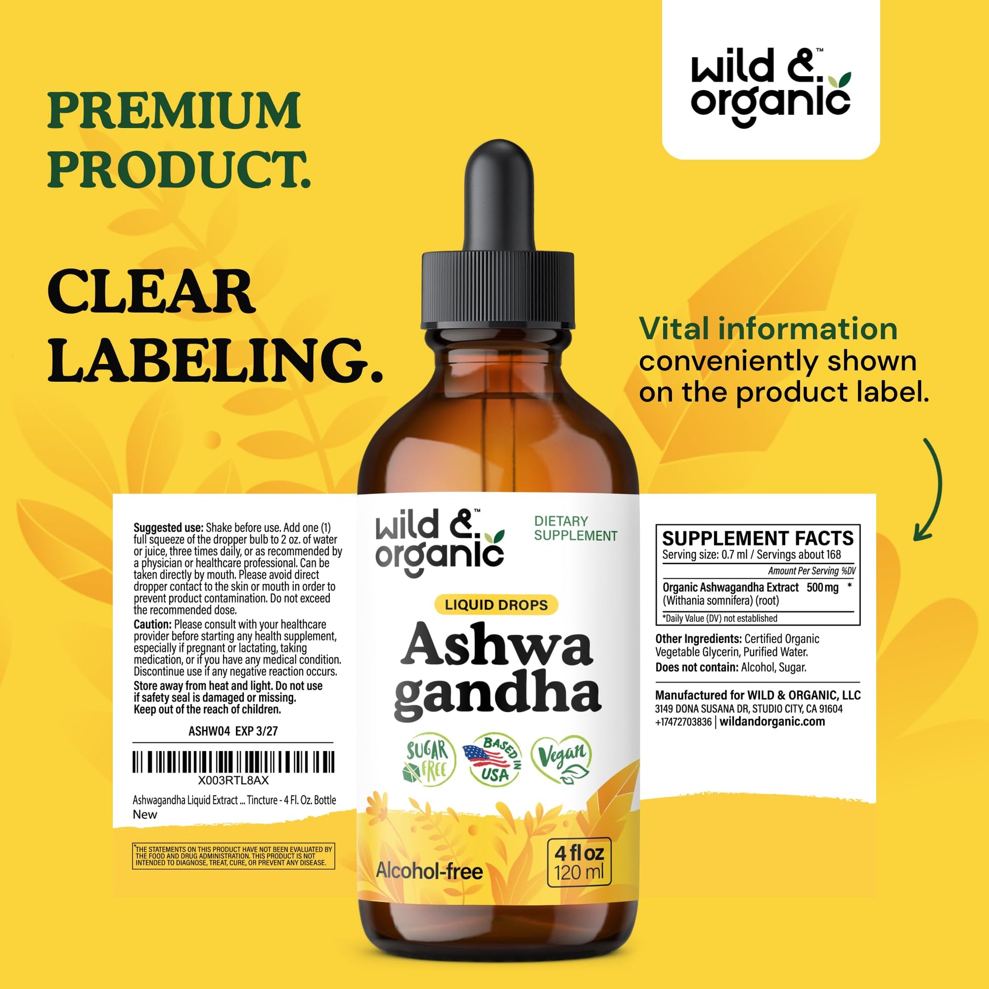 Wild & Organic Ashwagandha Drops - Mood Support & Positive Energy - 500 mg Ashwagandha for Women & Men - Add to Tea Liquid Extract for Relaxation - Non-GMO, Sugar & Alcohol-Free Tincture - 4 fl oz - Maple Wellness Supplements