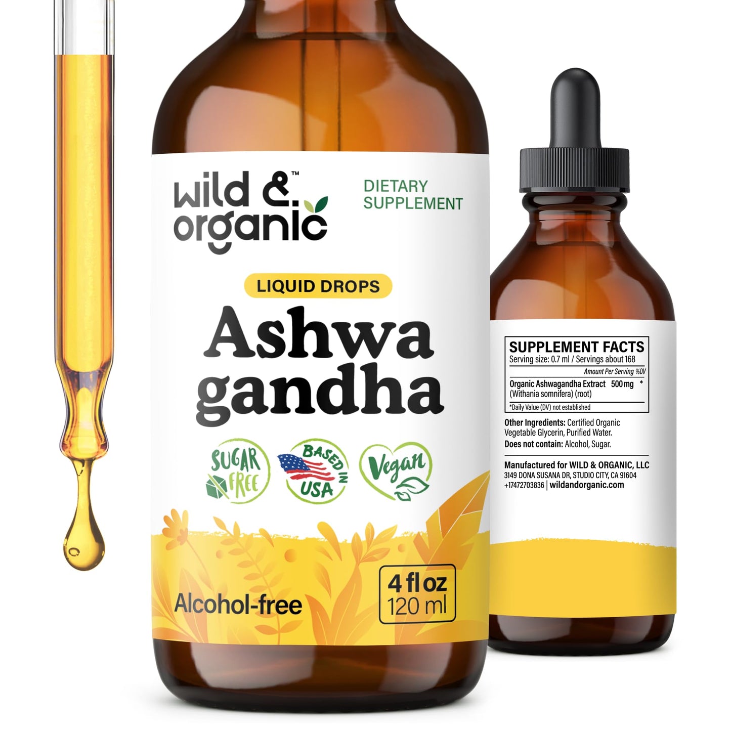 Wild & Organic Ashwagandha Drops - Mood Support & Positive Energy - 500 mg Ashwagandha for Women & Men - Add to Tea Liquid Extract for Relaxation - Non-GMO, Sugar & Alcohol-Free Tincture - 4 fl oz - Maple Wellness Supplements