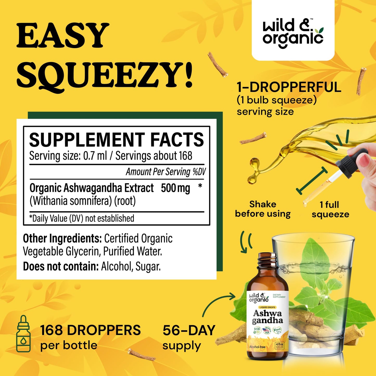 Wild & Organic Ashwagandha Drops - Mood Support & Positive Energy - 500 mg Ashwagandha for Women & Men - Add to Tea Liquid Extract for Relaxation - Non-GMO, Sugar & Alcohol-Free Tincture - 4 fl oz - Maple Wellness Supplements