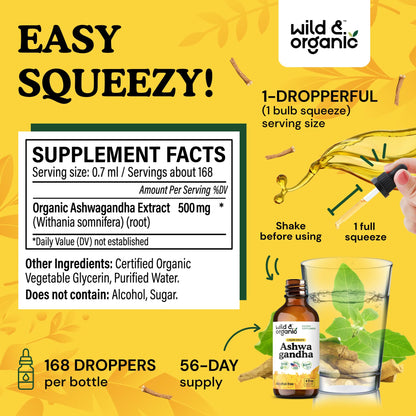 Wild & Organic Ashwagandha Drops - Mood Support & Positive Energy - 500 mg Ashwagandha for Women & Men - Add to Tea Liquid Extract for Relaxation - Non-GMO, Sugar & Alcohol-Free Tincture - 4 fl oz - Maple Wellness Supplements