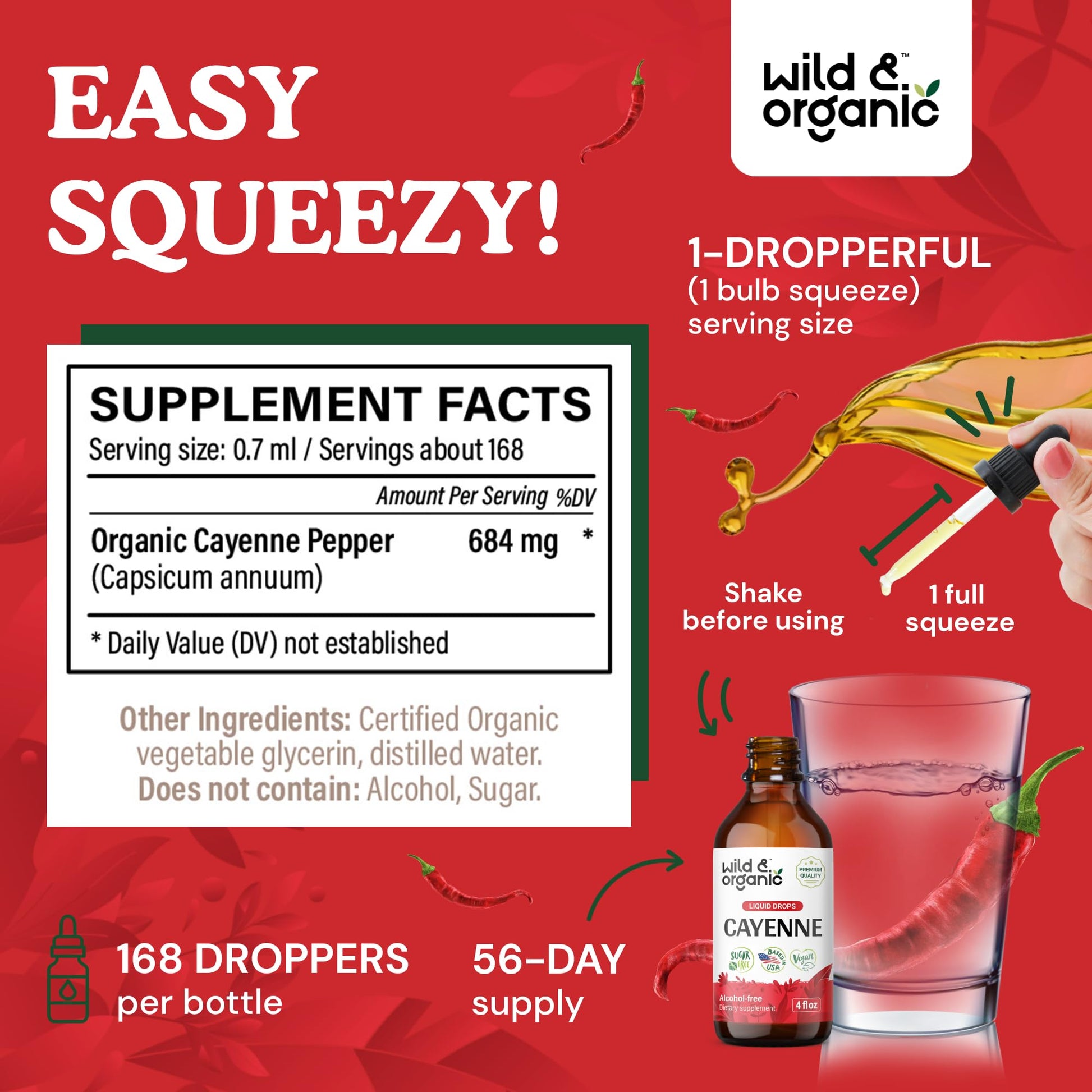 Wild & Organic Cayenne Pepper Tincture - Digestive Support with Capsaicin Extract - Cayenne Pepper Liquid Drops for Overall Well-Being - Unflavored, Vegan, Sugar & Alcohol-Free - 4 fl oz - Maple Wellness Supplements