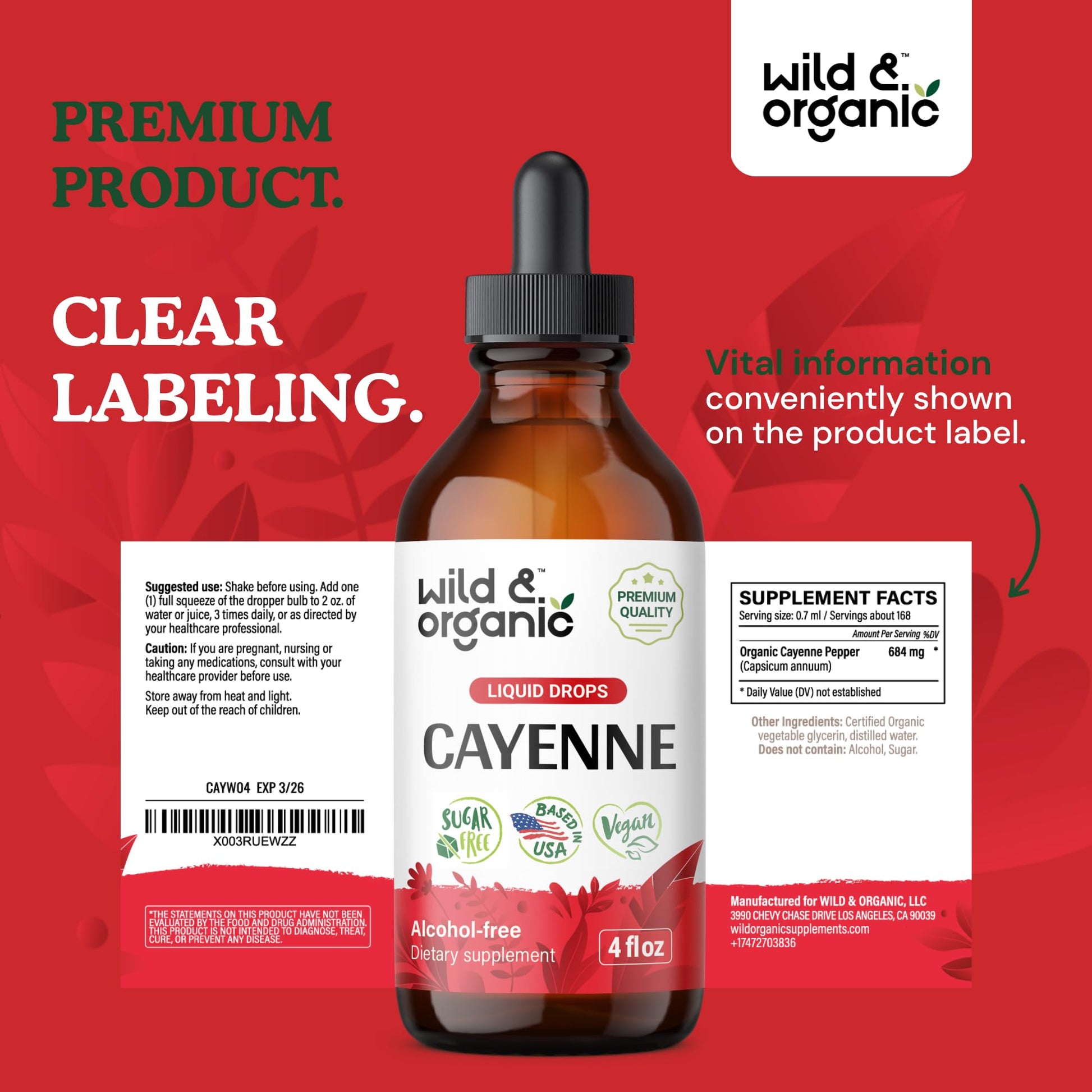 Wild & Organic Cayenne Pepper Tincture - Digestive Support with Capsaicin Extract - Cayenne Pepper Liquid Drops for Overall Well-Being - Unflavored, Vegan, Sugar & Alcohol-Free - 4 fl oz - Maple Wellness Supplements