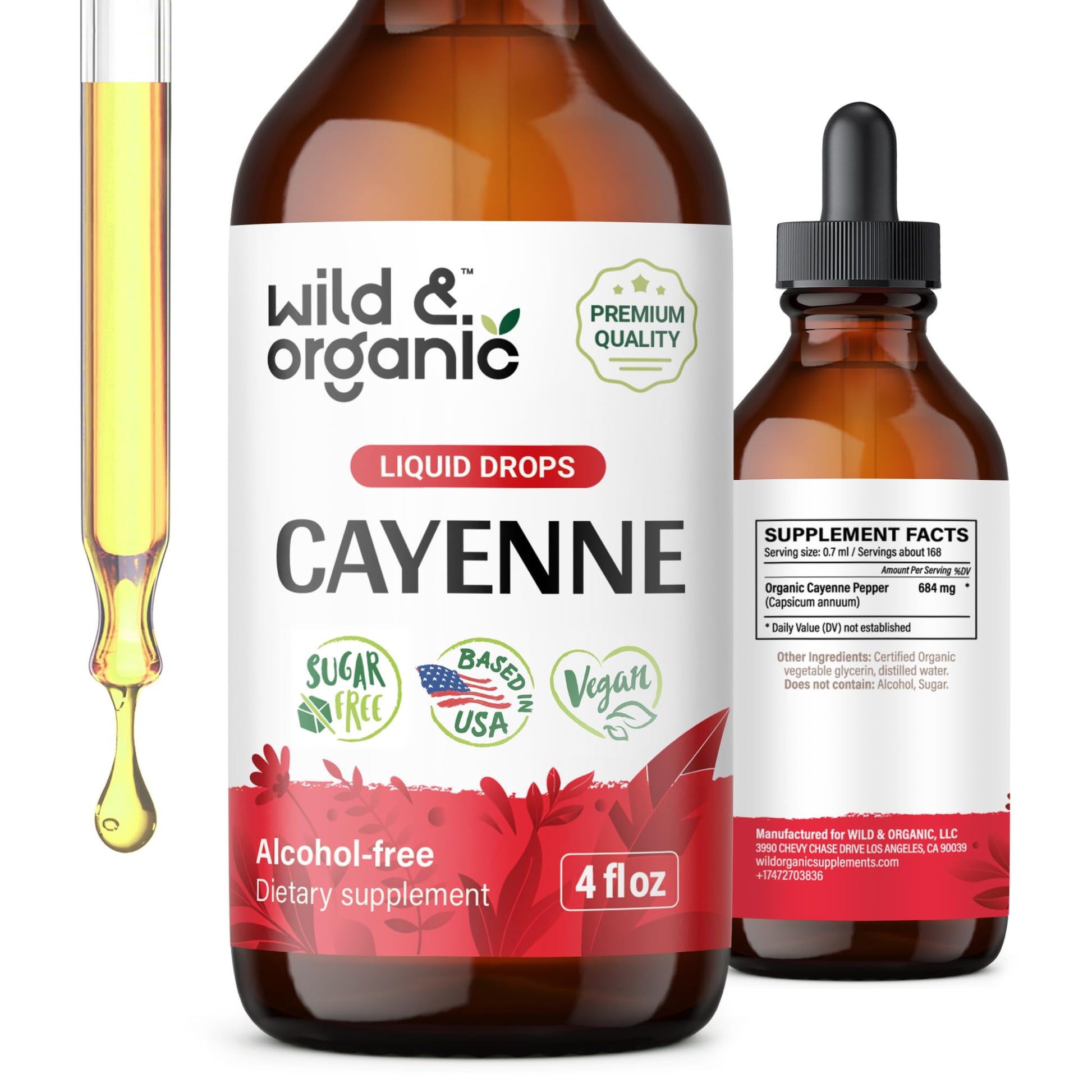 Wild & Organic Cayenne Pepper Tincture - Digestive Support with Capsaicin Extract - Cayenne Pepper Liquid Drops for Overall Well-Being - Unflavored, Vegan, Sugar & Alcohol-Free - 4 fl oz - Maple Wellness Supplements