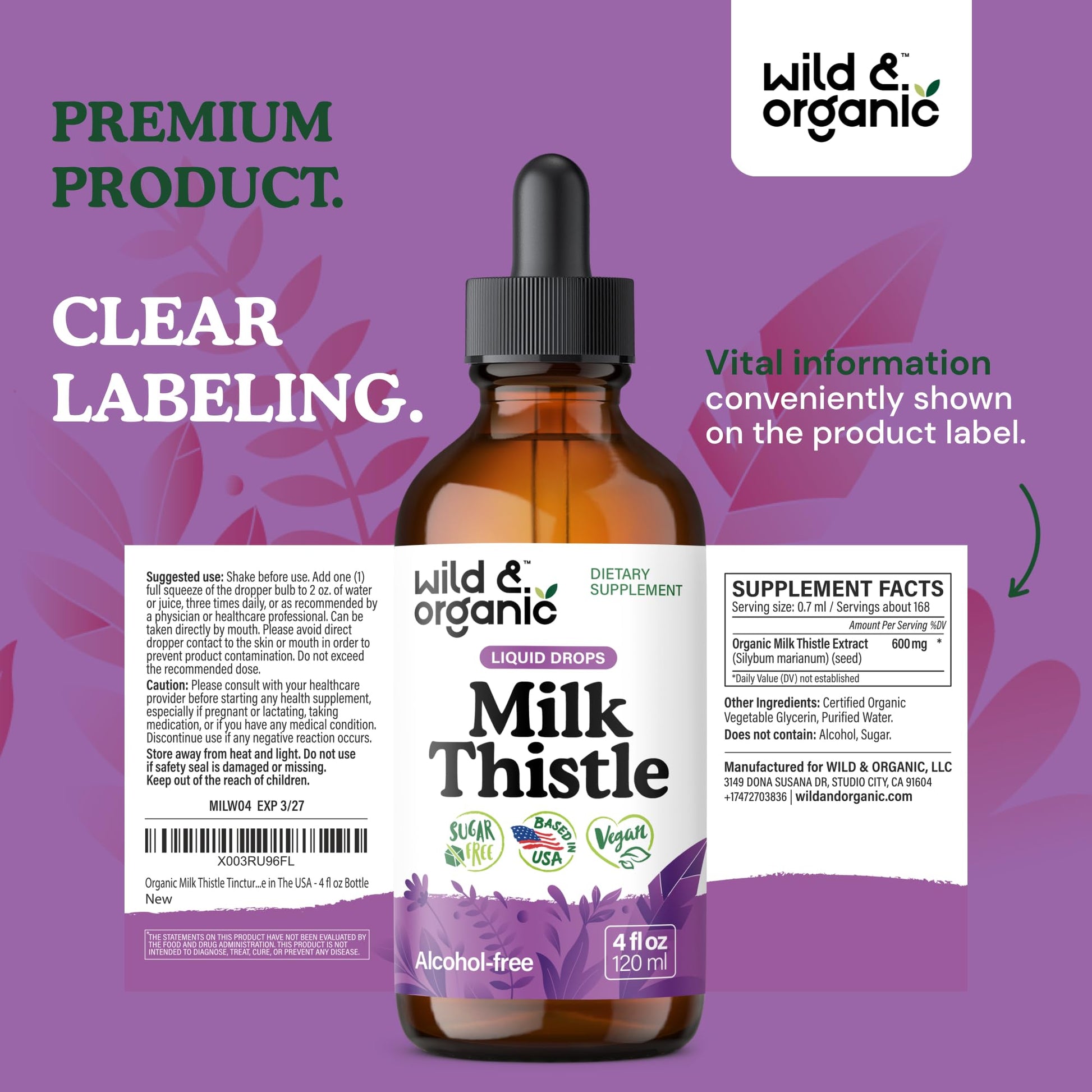 Wild & Organic Milk Thistle Liquid Drops - Liver Cleanse Detox - Silymarin Milk Thistle Supplement for Liver Support - Add to Tea - Silybum Marianum Seed Extract Tincture - Maple Wellness Supplements