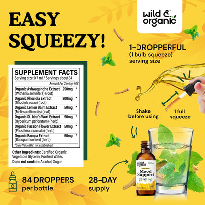 Wild & Organic Mood Support Drops - Good Mood Supplements w/Ashwagandha Root & Rhodiola Rosea - Natural Liquid Drops for Positive Energy - Calm and Relax Supplements for Women and Men - 2 oz - Maple Wellness Supplements