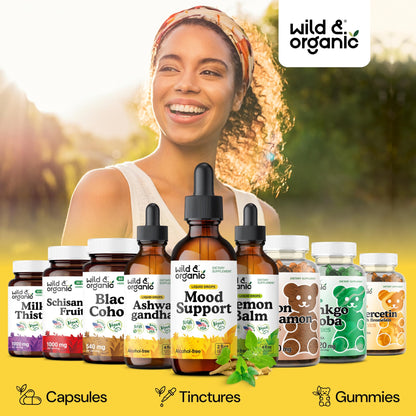 Wild & Organic Mood Support Drops - Good Mood Supplements w/Ashwagandha Root & Rhodiola Rosea - Natural Liquid Drops for Positive Energy - Calm and Relax Supplements for Women and Men - 2 oz - Maple Wellness Supplements