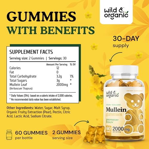 Wild & Organic Mullein Gummies - Daily Dietary Supplement for Respiratory, Digestive - Maple Wellness Supplements