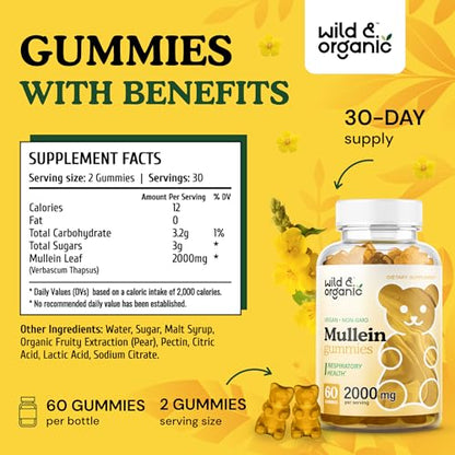 Wild & Organic Mullein Gummies - Daily Dietary Supplement for Respiratory, Digestive - Maple Wellness Supplements