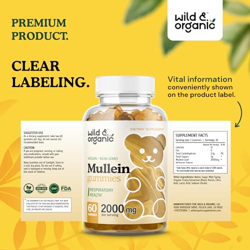 Wild & Organic Mullein Gummies - Daily Dietary Supplement for Respiratory, Digestive - Maple Wellness Supplements