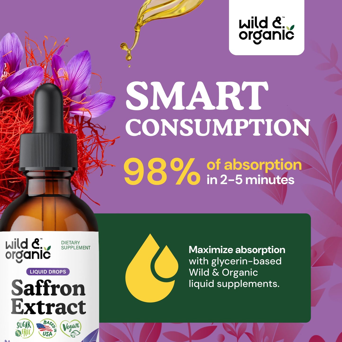 Wild & Organic Saffron Supplements 88.5 mg - Mood, Brain & Vision Support - Liquid Saffron Drops - Add to Tea - Crocus Sativus Herb Extract - Vegan, Sugar & Alcohol-Free Tincture - 2 fl oz - Maple Wellness Supplements