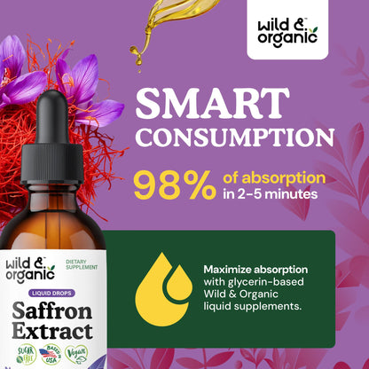 Wild & Organic Saffron Supplements 88.5 mg - Mood, Brain & Vision Support - Liquid Saffron Drops - Add to Tea - Crocus Sativus Herb Extract - Vegan, Sugar & Alcohol-Free Tincture - 2 fl oz - Maple Wellness Supplements