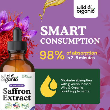Wild & Organic Saffron Supplements 88.5 mg - Mood, Focus & Eye Support - Saffron Extract Liquid Drops - Add to Tea - 5-Month Supply - Crocus Sativus Herb - Maple Wellness Supplements