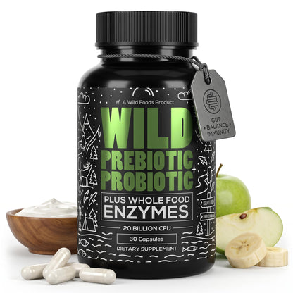 Wild Prebiotics and Probiotics with Digestive Enzymes | 20 Billion CFU - 10 Strains for Women & Men | Support Gut Health & Digestion Supplements | Non-GMO Prebiotic Fiber | 30 Capsules - Maple Wellness Supplements