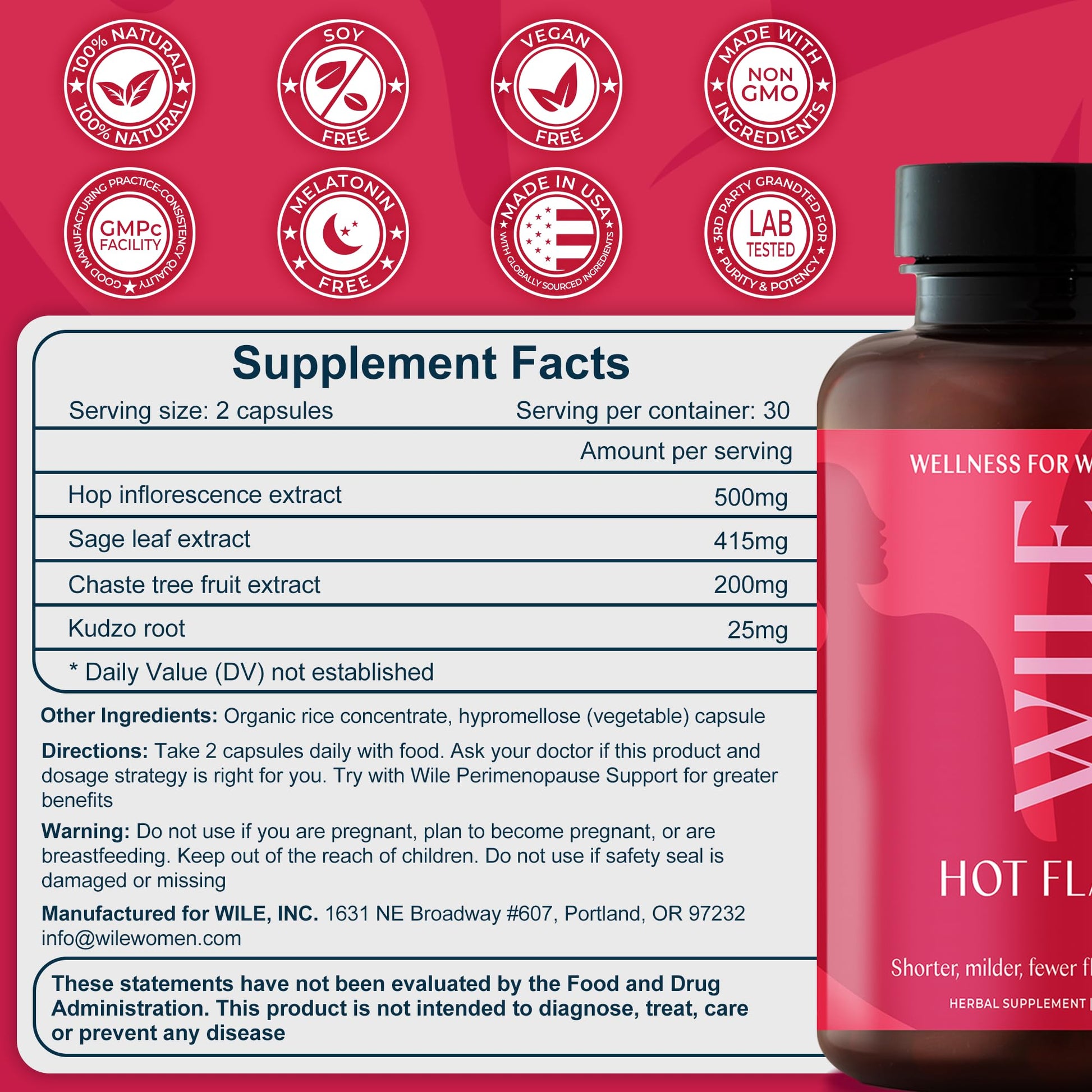 WILE Menopause and Perimenopause Supplements for Women - Hot Flashes and Night Sweats Relief with Kudzu Root - Premenopause Support for Stress, Hot Flash, Hormone Balance & Restful Sleep, 30 Servings - Maple Wellness Supplements