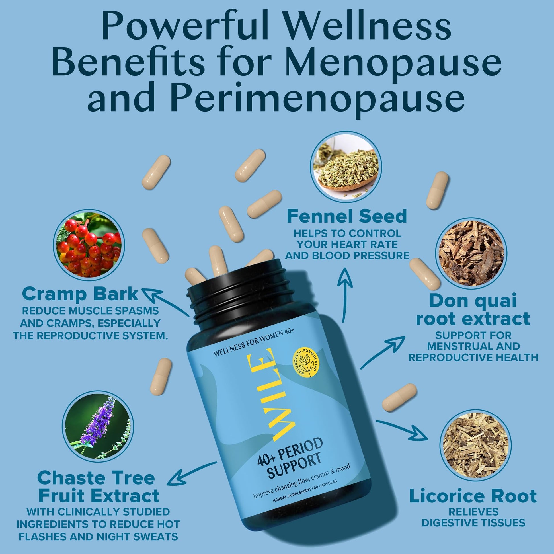 WILE Menopause and Perimenopause Supplements for Women - Menstrual Cramp, PMS and Heavy Period Relief with Dong Quai - Premenopausal Support for Hormone Balance & Improved Mood, Vegan, 30 Servings - Maple Wellness Supplements