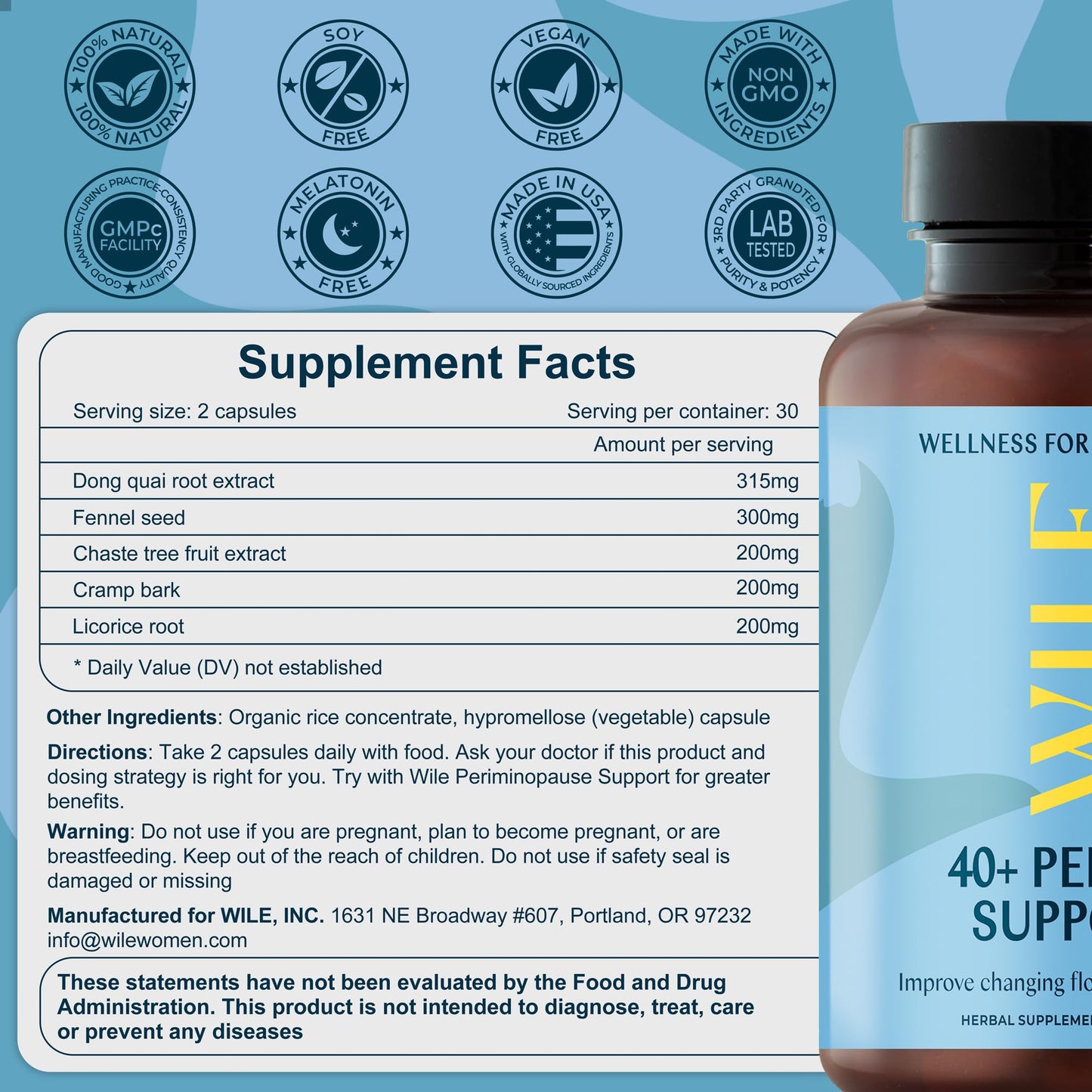 WILE Menopause and Perimenopause Supplements for Women - Menstrual Cramp, PMS and Heavy Period Relief with Dong Quai - Premenopausal Support for Hormone Balance & Improved Mood, Vegan, 30 Servings - Maple Wellness Supplements