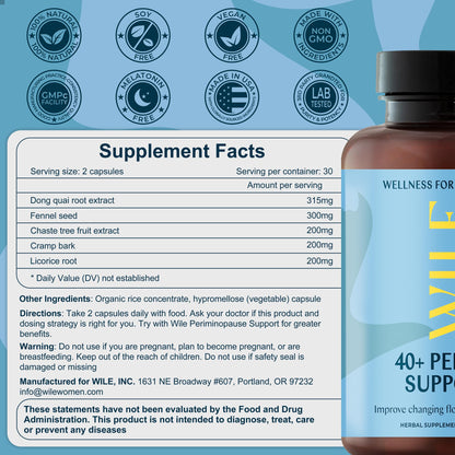 WILE Menopause and Perimenopause Supplements for Women - Menstrual Cramp, PMS and Heavy Period Relief with Dong Quai - Premenopausal Support for Hormone Balance & Improved Mood, Vegan, 30 Servings - Maple Wellness Supplements