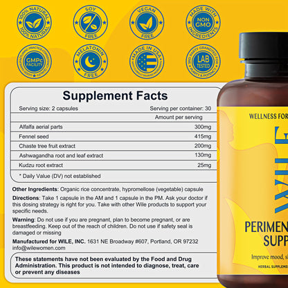 WILE Menopause and Perimenopause Supplements for Women with Ashwagandha - Menopausal Symptoms Relief for Stress, Hot Flashes, Night Sweats - Healthy Sleep & Hormone Balance Support, Vegan, 30 Servings - Maple Wellness Supplements