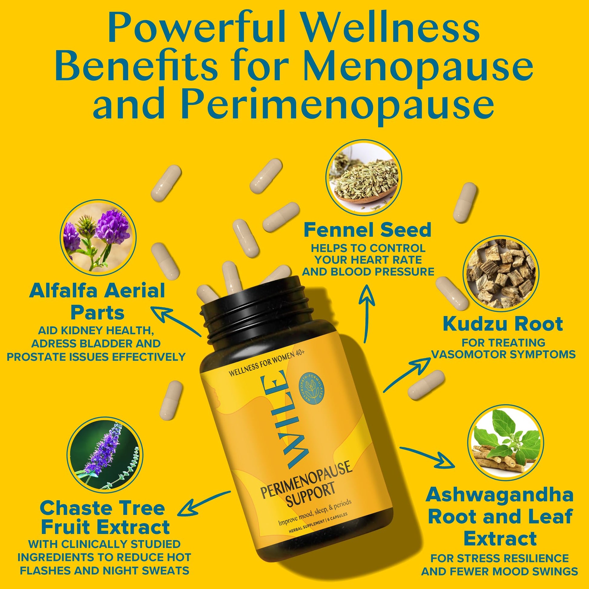 WILE Menopause and Perimenopause Supplements for Women with Ashwagandha - Menopausal Symptoms Relief for Stress, Hot Flashes, Night Sweats - Healthy Sleep & Hormone Balance Support, Vegan, 30 Servings - Maple Wellness Supplements