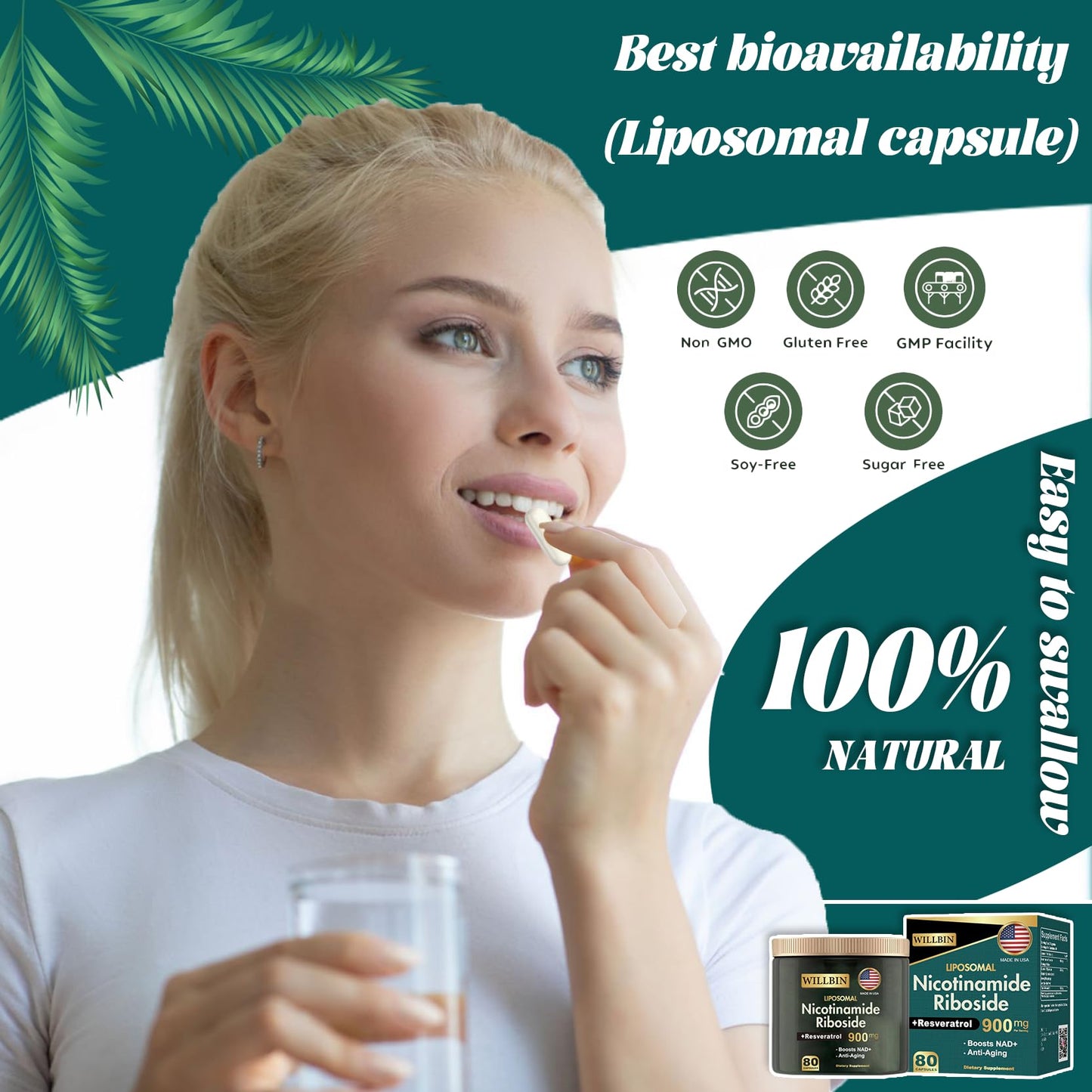 Willbin Liposomal NAD+ Supplement, Nicotinamide Riboside with Resveratrol, NAD Nicotinamide Riboside Boost Energy Focus Anti-Aging for Women & Men - 80 Vegan Capsules - Maple Wellness Supplements