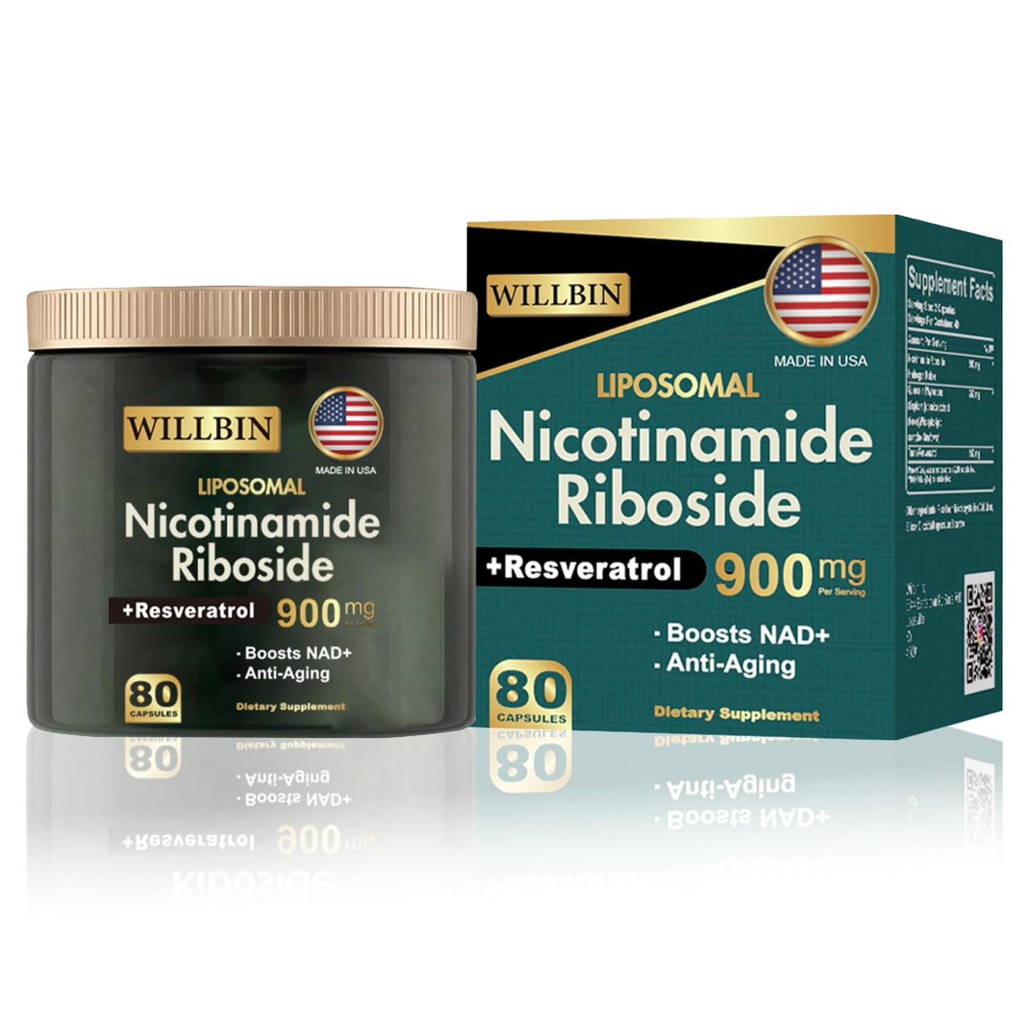 Willbin Liposomal NAD+ Supplement, Nicotinamide Riboside with Resveratrol, NAD Nicotinamide Riboside Boost Energy Focus Anti-Aging for Women & Men - 80 Vegan Capsules - Maple Wellness Supplements